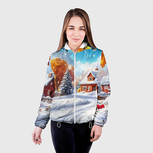 Женская куртка Новогодний пейзаж и домики / 3D-Белый – фото 4