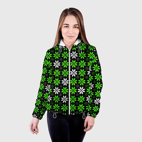 Женская куртка Бело-зелёные звёзды на чёрном фоне / 3D-Белый – фото 4