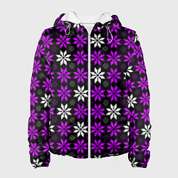 Куртка с капюшоном женская Бело-фиолетовые звёзды на чёрном фоне, цвет: 3D-белый