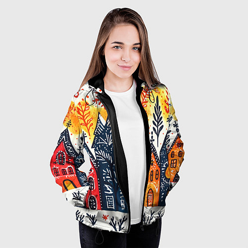 Женская куртка Разноцветные новогодние дома / 3D-Черный – фото 3