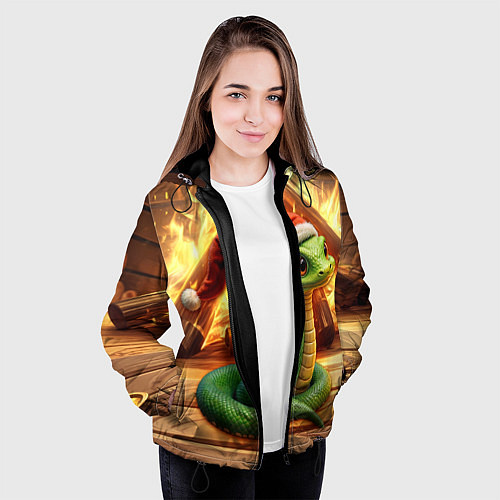Женская куртка Зеленая новогодняя змея 2025 года / 3D-Черный – фото 3