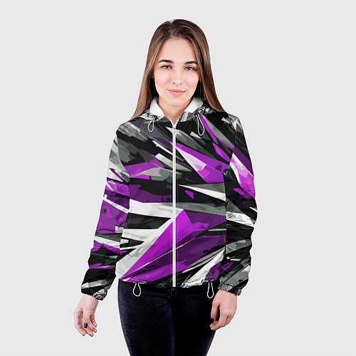 Женская куртка Чёрно-фиолетово-белая абстракция / 3D-Белый – фото 4