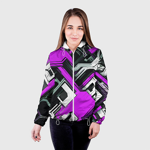Женская куртка Бело-фиолетовый техно паттерн на чёрном фоне / 3D-Белый – фото 4