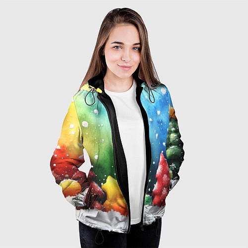 Женская куртка Акварельные новогодние елки / 3D-Черный – фото 3