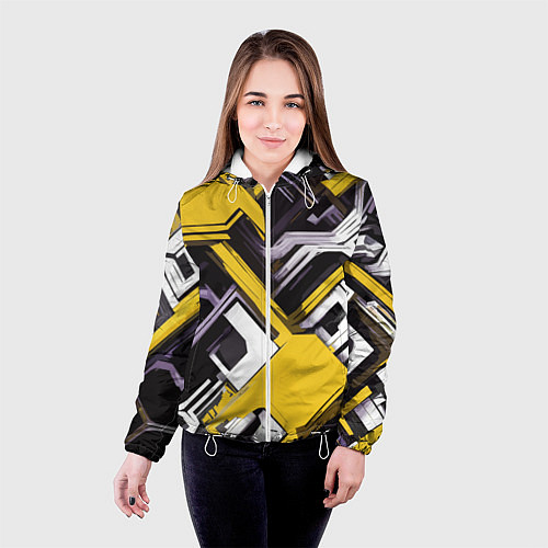 Женская куртка Бело-жёлтый техно паттерн на чёрном фоне / 3D-Белый – фото 4