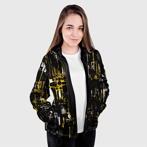 Женская куртка Бело-жёлтая абстракция на чёрном фоне / 3D-Черный – фото 3