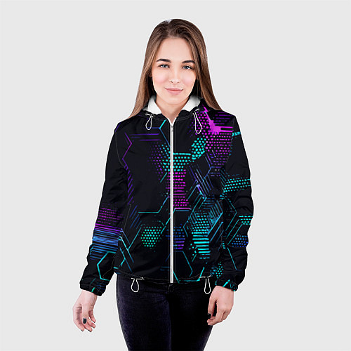 Женская куртка Розово-голубые точки и линии на чёрном фоне / 3D-Белый – фото 4