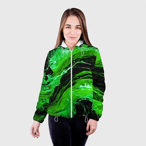 Женская куртка Зелёные брызги на чёрном фоне / 3D-Белый – фото 4