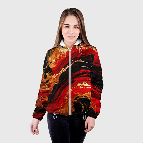 Женская куртка Красно-золотые брызги на чёрном фоне / 3D-Белый – фото 4