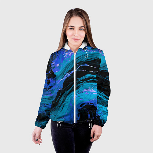 Женская куртка Синие брызги на чёрном фоне / 3D-Белый – фото 4