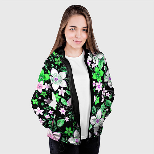 Женская куртка Зелёно-белые цветы на чёрном фоне / 3D-Черный – фото 3
