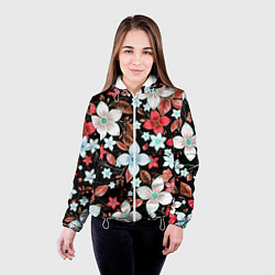 Куртка с капюшоном женская Красно-белые цветы на чёрном фоне, цвет: 3D-белый — фото 2