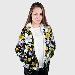 Куртка с капюшоном женская Жёлто-белые цветы на чёрном фоне, цвет: 3D-белый — фото 2
