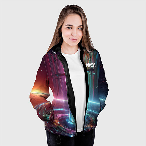 Женская куртка Spaceship in the neon cosmos - nasa / 3D-Черный – фото 3