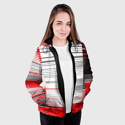 Женская куртка Чёрные вертикальные полосы на красно-белом фоне / 3D-Черный – фото 3