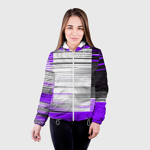 Женская куртка Чёрные вертикальные полосы на фиолетово-белом фоне / 3D-Белый – фото 4