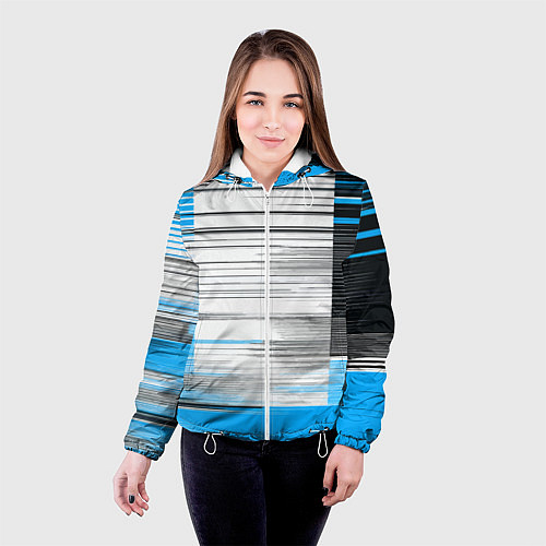 Женская куртка Чёрные вертикальные полосы на сине-белом фоне / 3D-Белый – фото 4