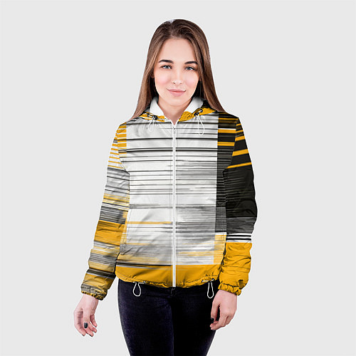 Женская куртка Чёрные вертикальные полосы на жёлто-белом фоне / 3D-Белый – фото 4