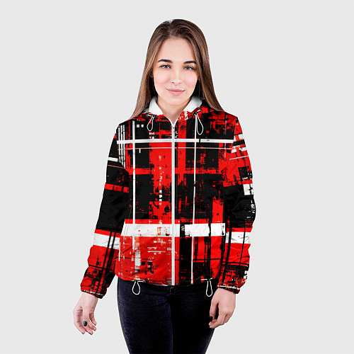 Женская куртка Красно-белый гранж на чёрном фоне / 3D-Белый – фото 4