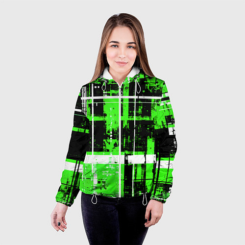 Женская куртка Зелёно-белый гранж на чёрном фоне / 3D-Белый – фото 4
