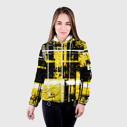 Женская куртка Жёлто-белый гранж на чёрном фоне / 3D-Белый – фото 4
