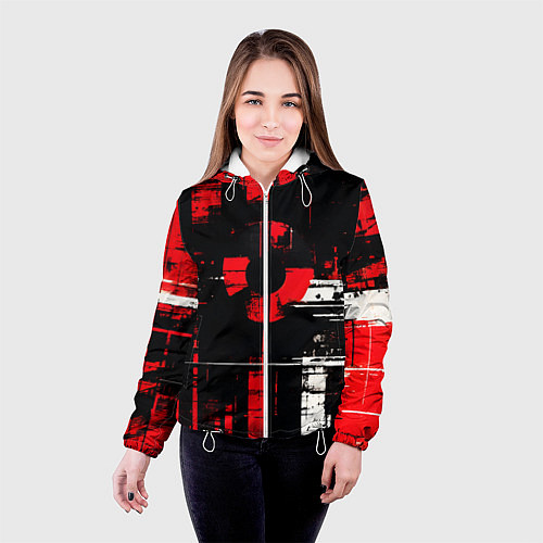 Женская куртка Красно-белый гранж на чёрном фоне / 3D-Белый – фото 4