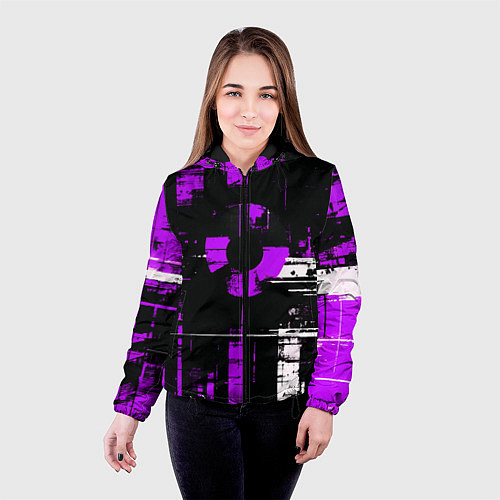 Женская куртка Фиолетово-белый гранж на чёрном фоне / 3D-Черный – фото 4
