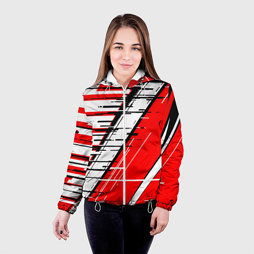 Женская куртка Чёрно-белые глитч полосы на красном фоне / 3D-Белый – фото 4