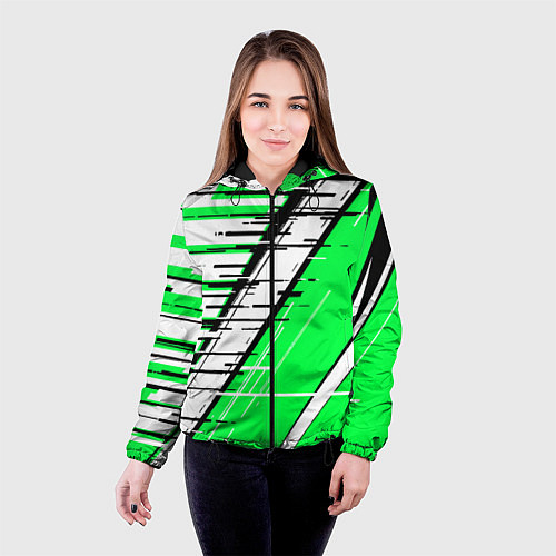 Женская куртка Чёрно-белые глитч полосы на зелёном фоне / 3D-Черный – фото 4