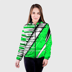 Куртка с капюшоном женская Чёрно-белые глитч полосы на зелёном фоне, цвет: 3D-черный — фото 2