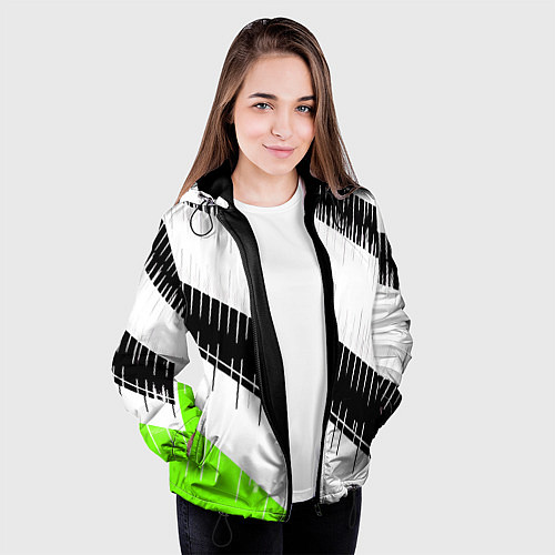 Женская куртка Диагональные чёрно-белые полосы на зелёном фоне / 3D-Черный – фото 3