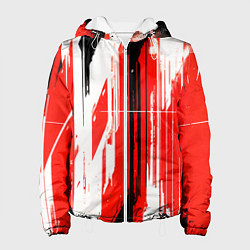 Куртка с капюшоном женская Вертикальные чёрно-белые линии на красном фоне, цвет: 3D-белый