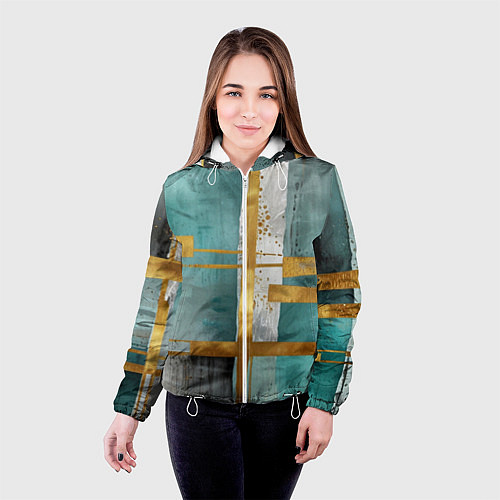Женская куртка Узоры акварелью бирюзового и золотого цвета / 3D-Белый – фото 4