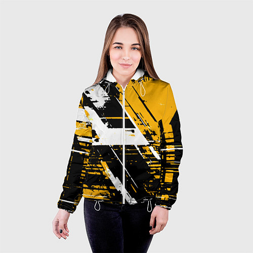 Женская куртка Diagonal black and white stripes on a yellow backg / 3D-Белый – фото 4