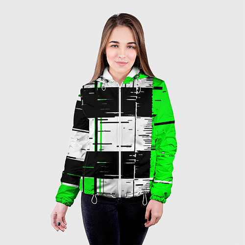 Женская куртка Зелёные и чёрные полосы на белом фоне / 3D-Белый – фото 4