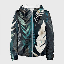 Куртка с капюшоном женская Перья и листья, цвет: 3D-белый