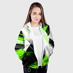 Куртка с капюшоном женская Диагональные бело-зелёные линии на чёрном фоне, цвет: 3D-белый — фото 2