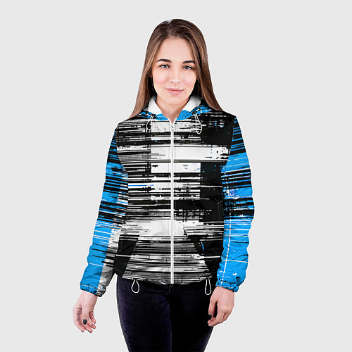 Женская куртка Горизонтальные чёрные линии на бело-синем фоне / 3D-Белый – фото 4