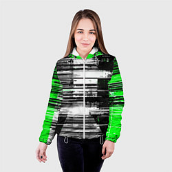Куртка с капюшоном женская Горизонтальные чёрные линии на бело-зелёном фоне, цвет: 3D-белый — фото 2