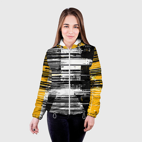 Женская куртка Горизонтальные чёрные линии на бело-жёлтом фоне / 3D-Белый – фото 4