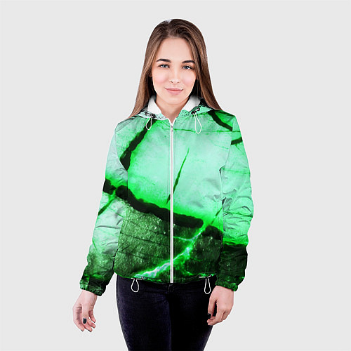 Женская куртка Трещины на абстрактном зелёном фоне / 3D-Белый – фото 4