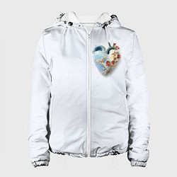 Куртка с капюшоном женская Сердце и ветка цветущая сакура с цветами, цвет: 3D-белый