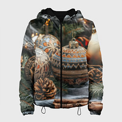 Куртка с капюшоном женская Новогодние шары и шишки, цвет: 3D-черный