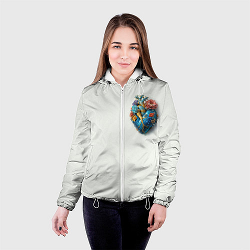 Женская куртка Металлическое сердце кораллы и цветы / 3D-Белый – фото 4