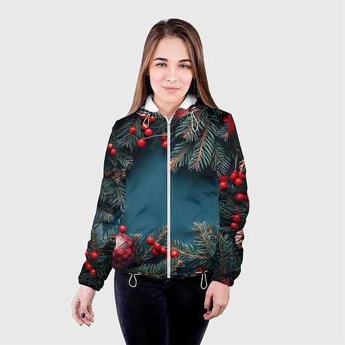 Женская куртка Новогодний фон и рябина / 3D-Белый – фото 4