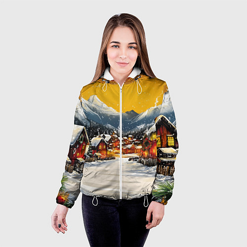 Женская куртка Ламповый новый год - домики / 3D-Белый – фото 4