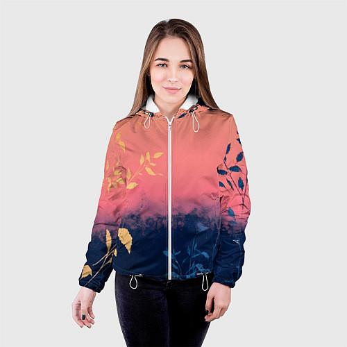Женская куртка Листья на сине-розовом фоне - нейросеть / 3D-Белый – фото 4