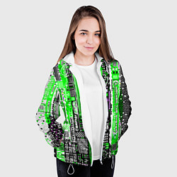 Куртка с капюшоном женская Киберпанк паттерн зелёный, цвет: 3D-белый — фото 2