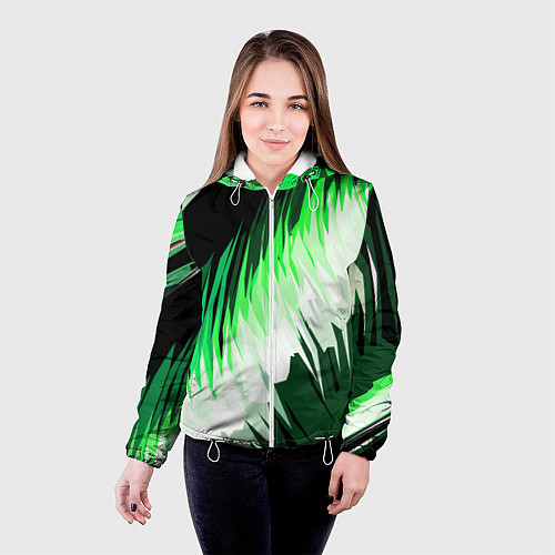 Женская куртка Зелёно-белая абстракция на чёрном фоне / 3D-Белый – фото 4