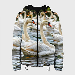 Куртка с капюшоном женская Белые лебеди на пруду, цвет: 3D-черный